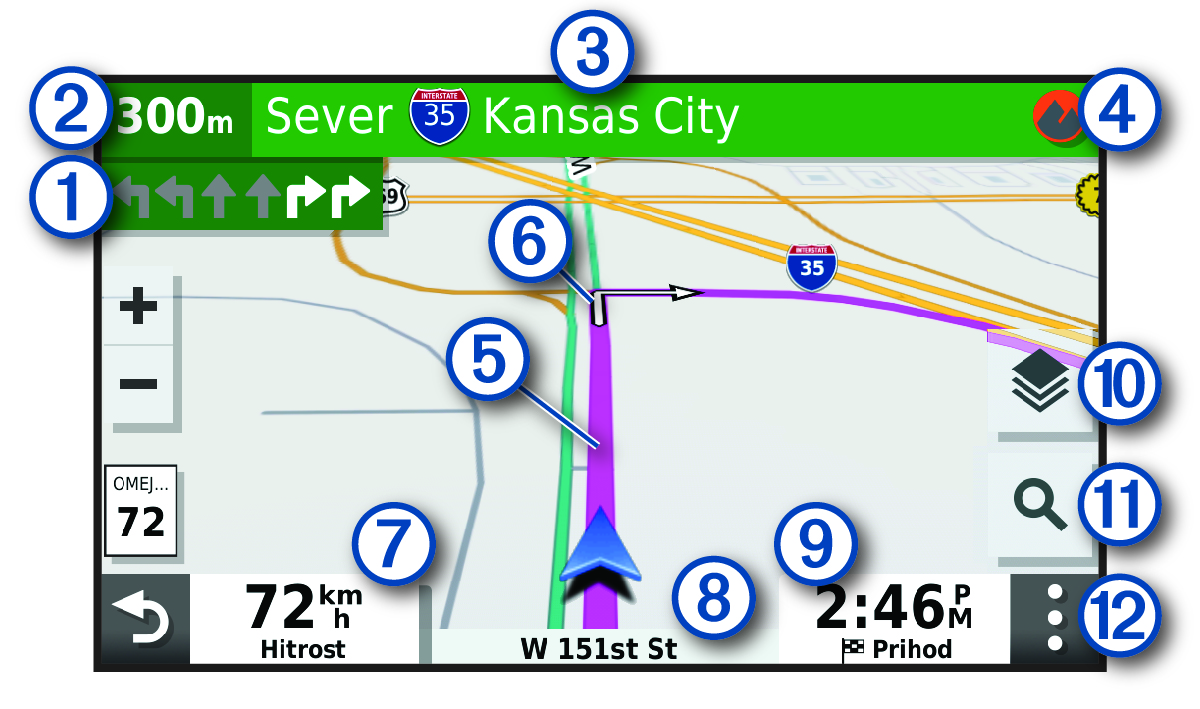 Aktivna načrtovana pot na zemljevidu za navigacijo z oblački