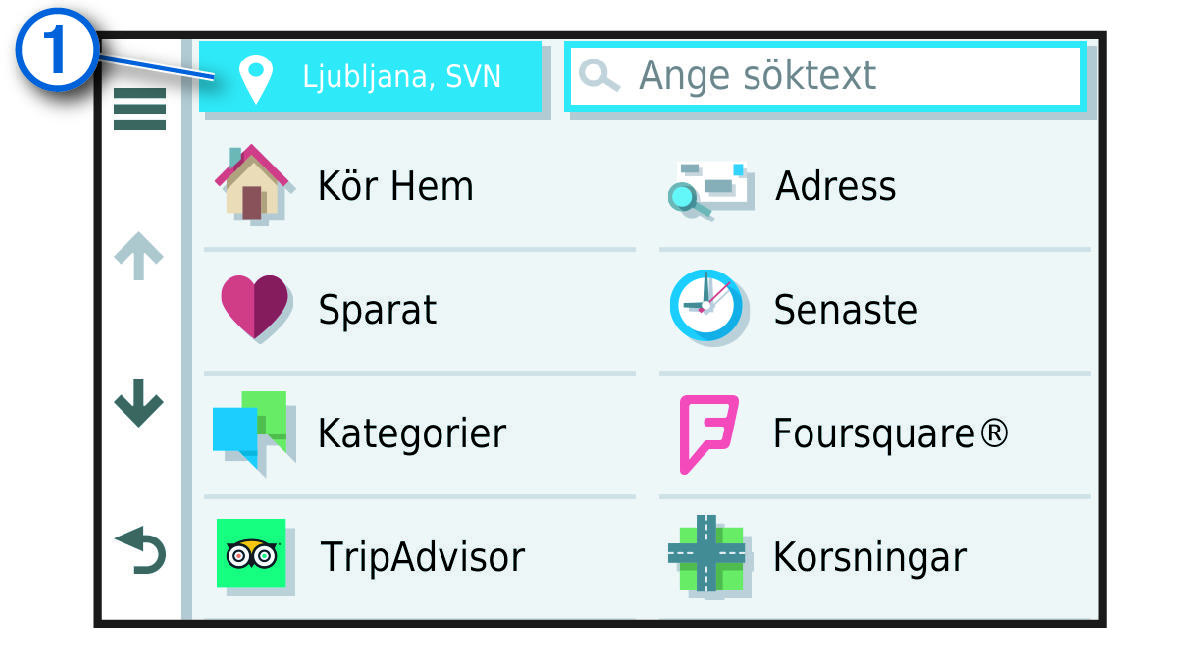 Knappen Ändra sökområde i menyn Vart? med bildtext