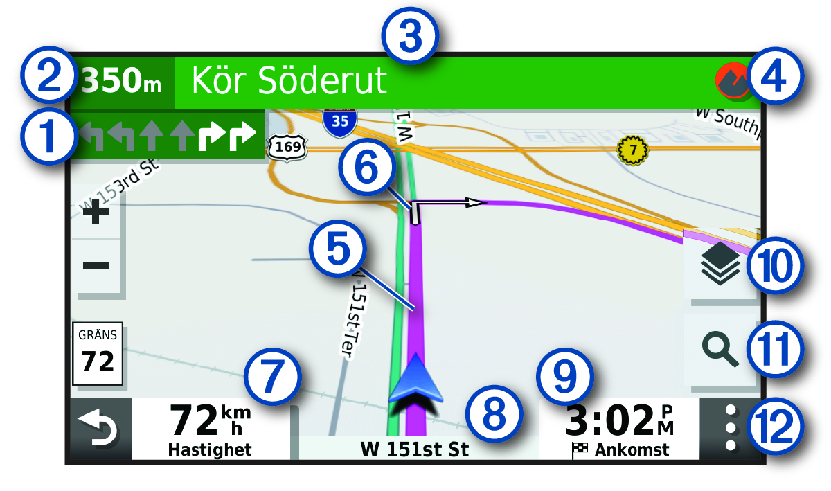 Aktiv rutt på en navigeringskarta med bildtexter