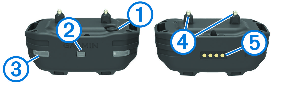 Front and back views of the dog collar device with callouts