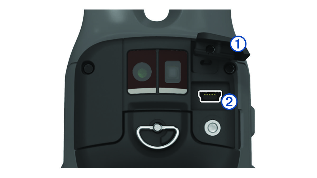 Close-up view of the weather cap and USB charging port with callouts