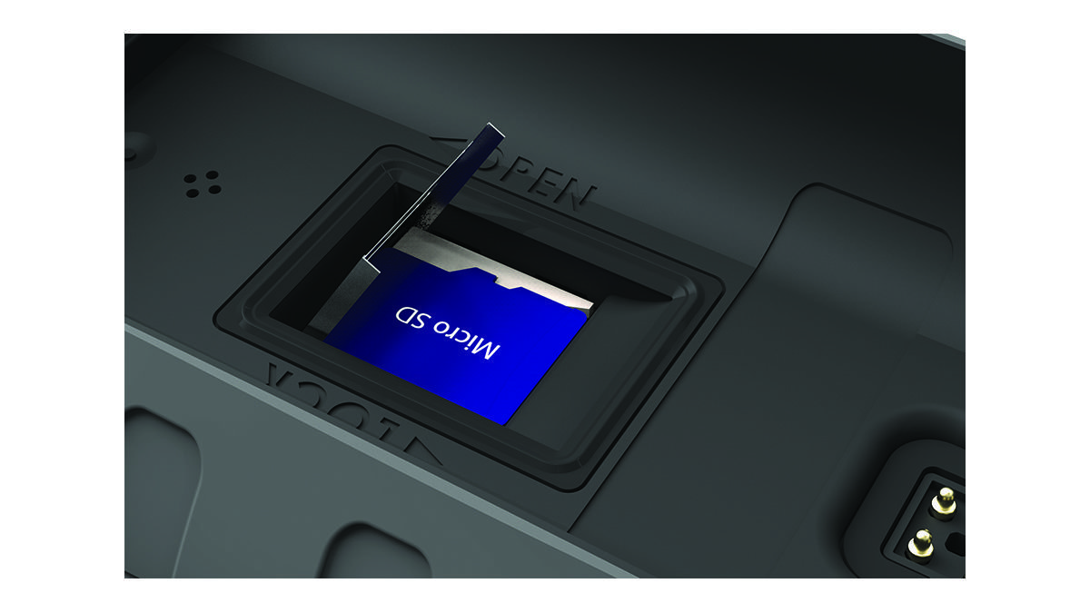 Close-up view of a memory card installed in the device