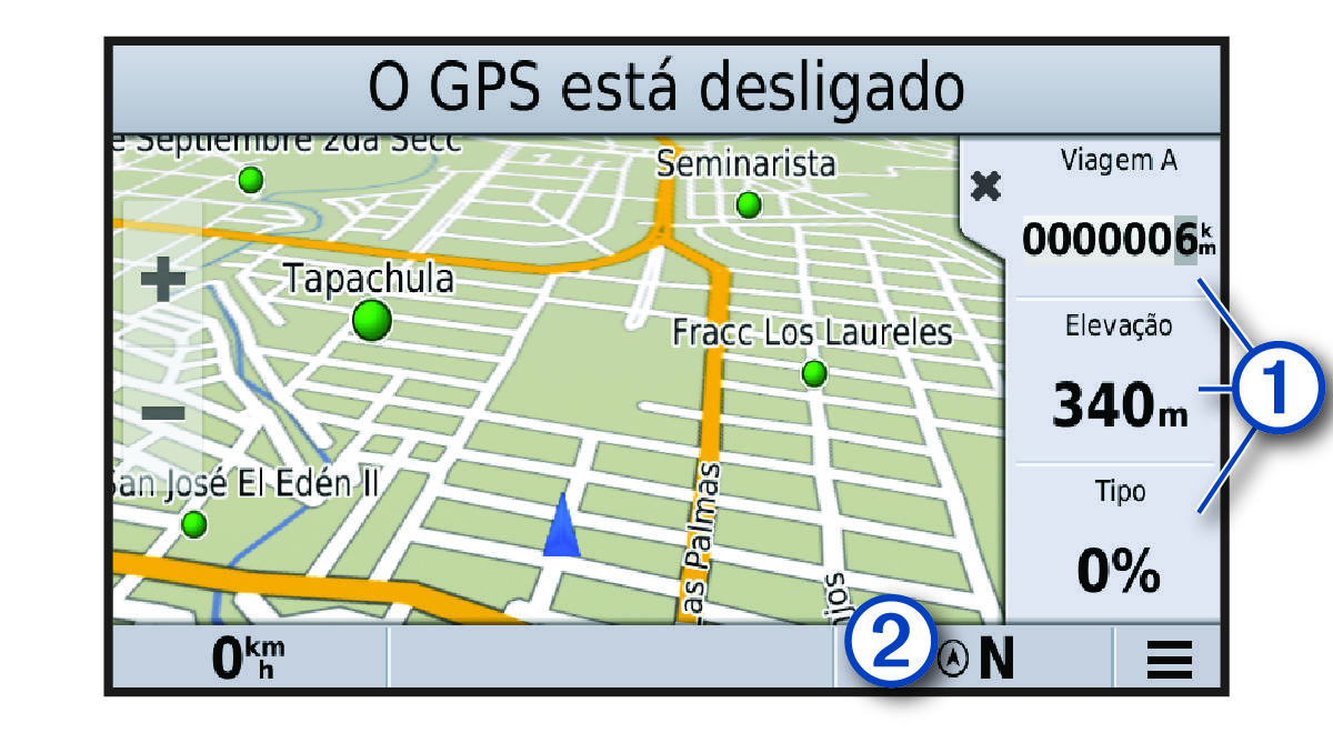 Vista do mapa e dos dados da viagem com legendas