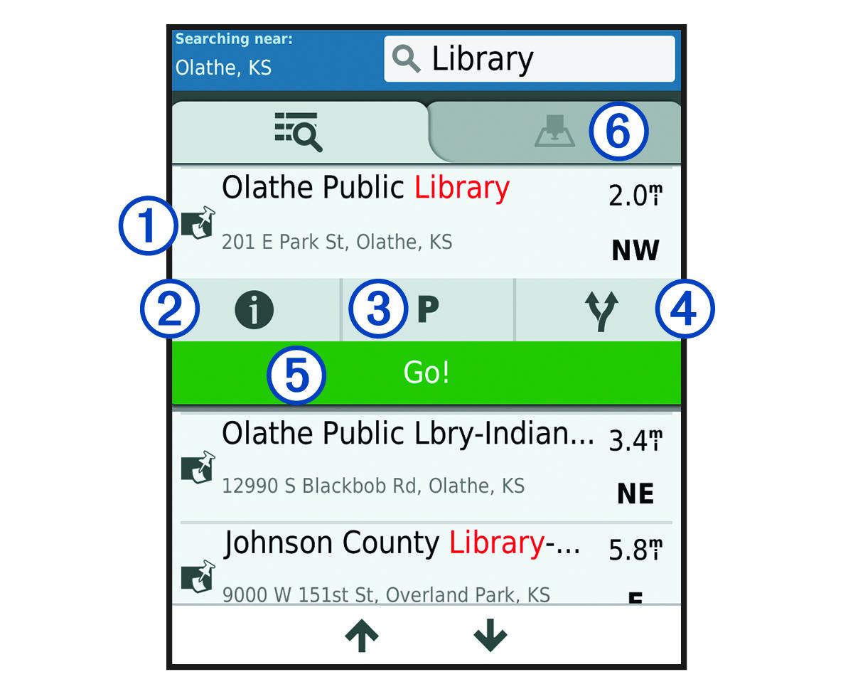 Location search results list with callouts