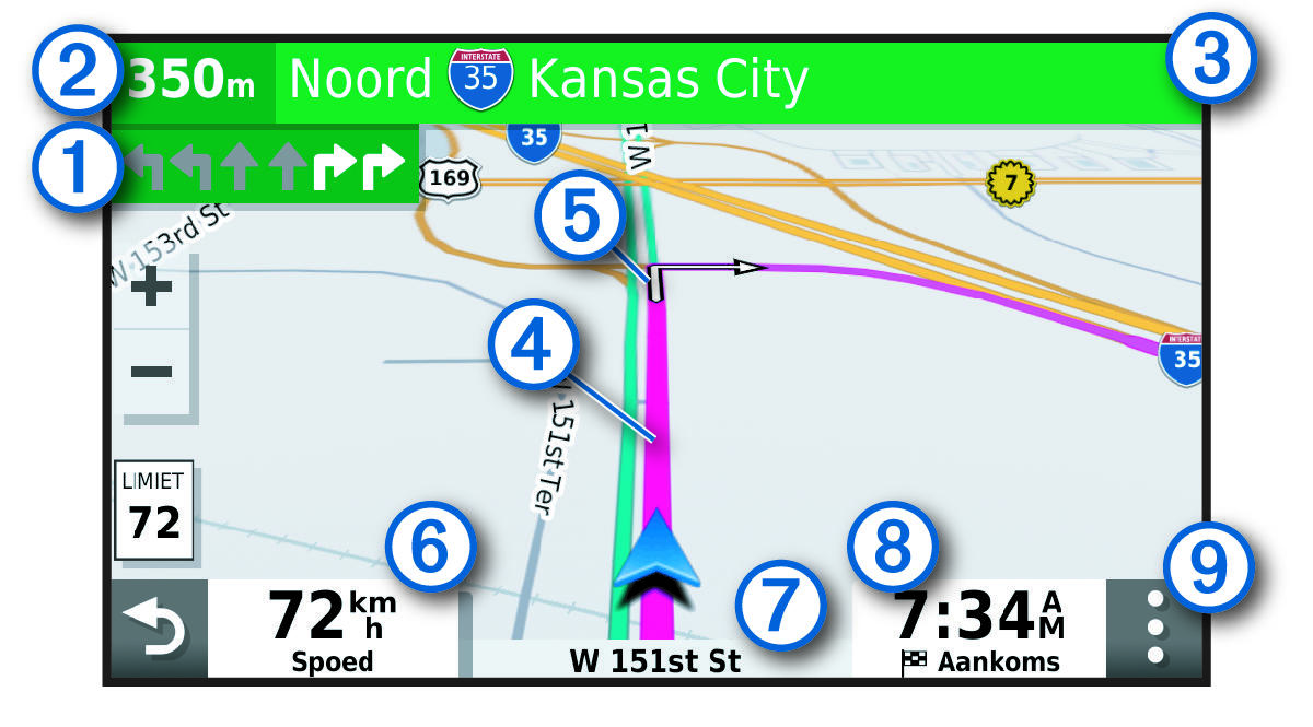 Active navigation route with callouts