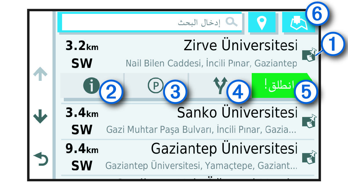 Location search results list with callouts