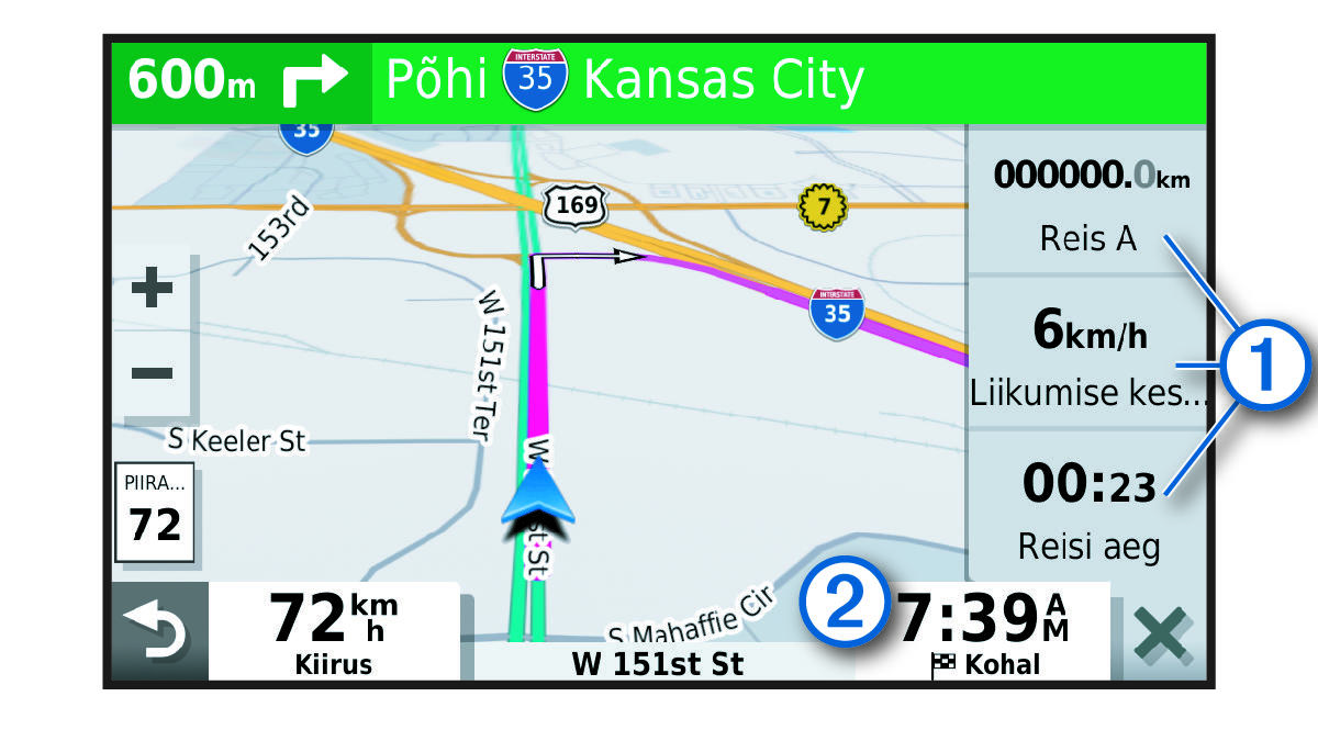 Trip data fields on the map with callouts