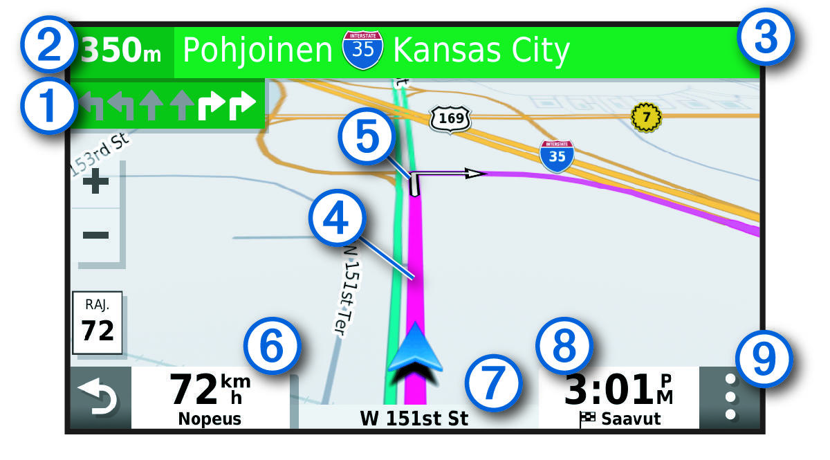 Active navigation route with callouts