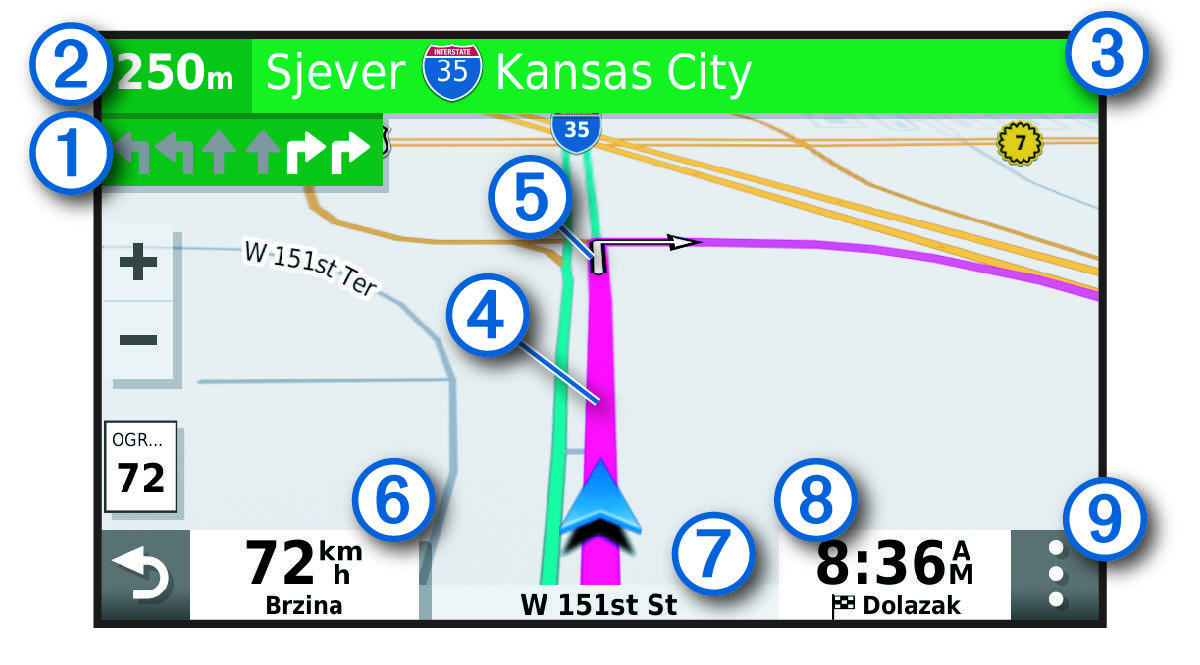 Active navigation route with callouts