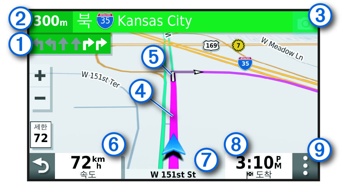 Active navigation route with callouts
