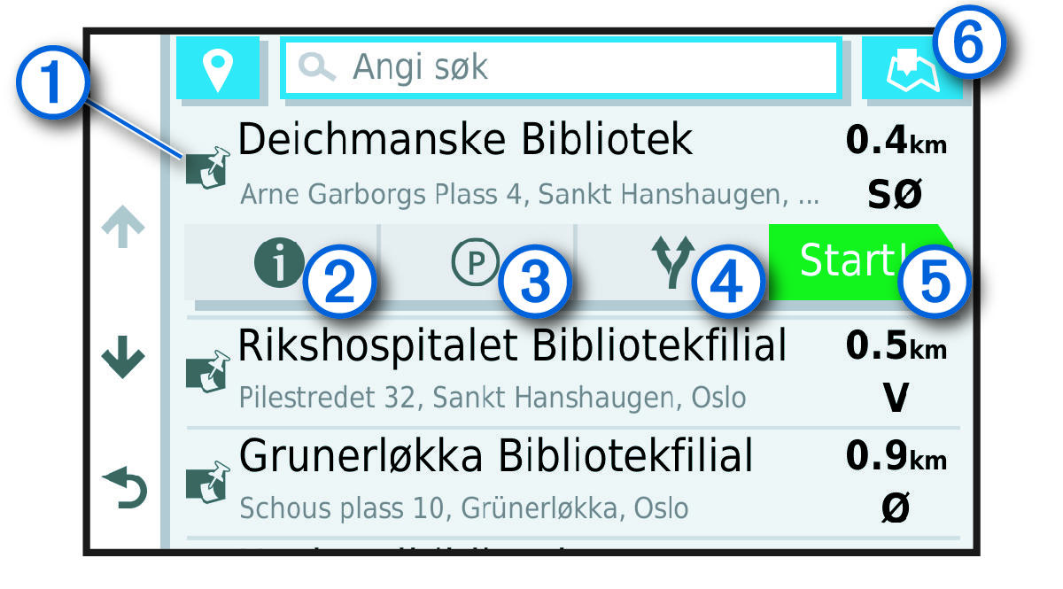 Location search results list with callouts