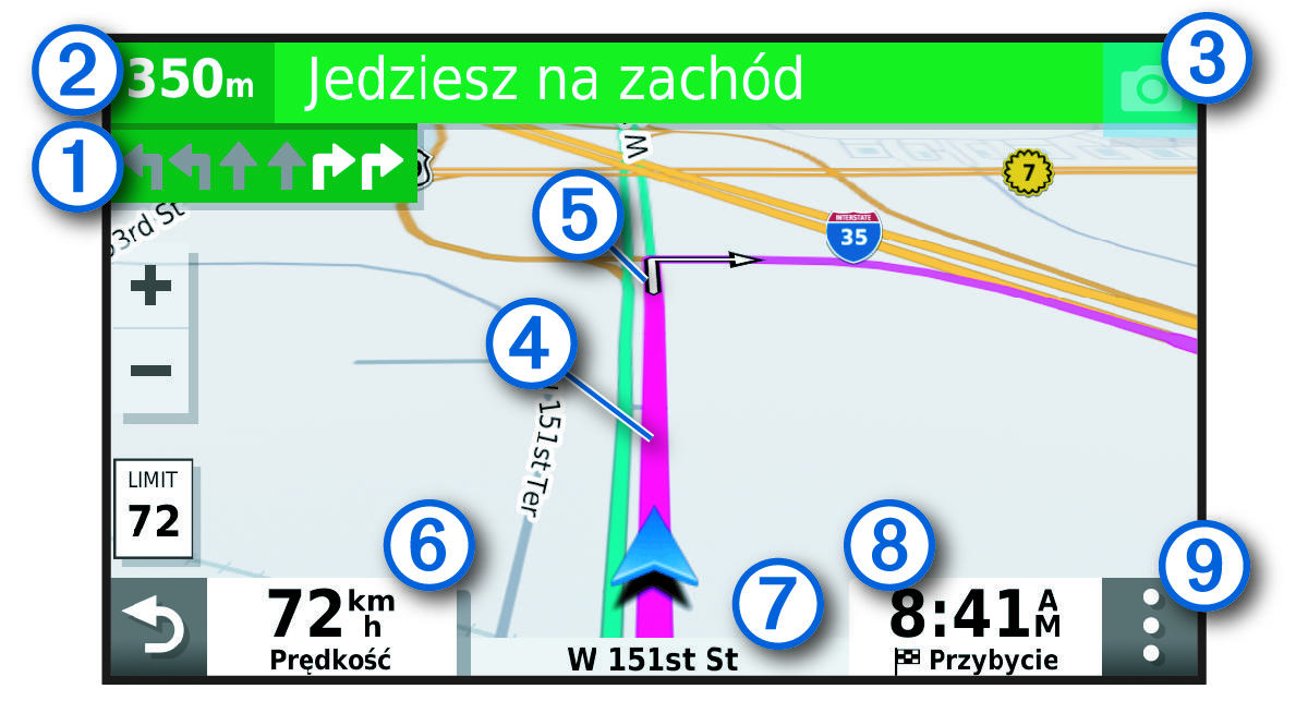 Active navigation route with callouts