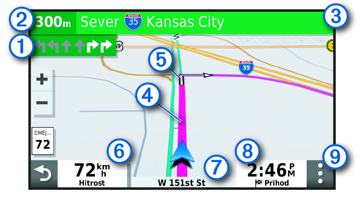 Active navigation route with callouts