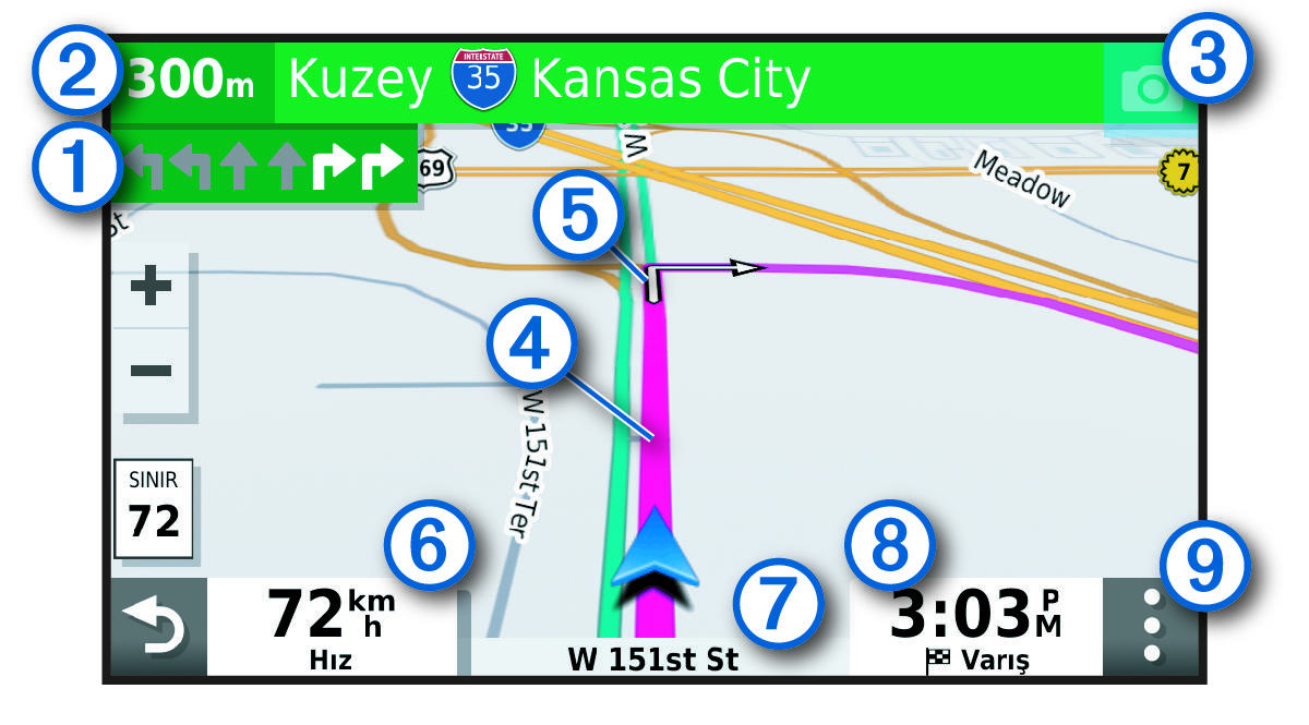 Active navigation route with callouts