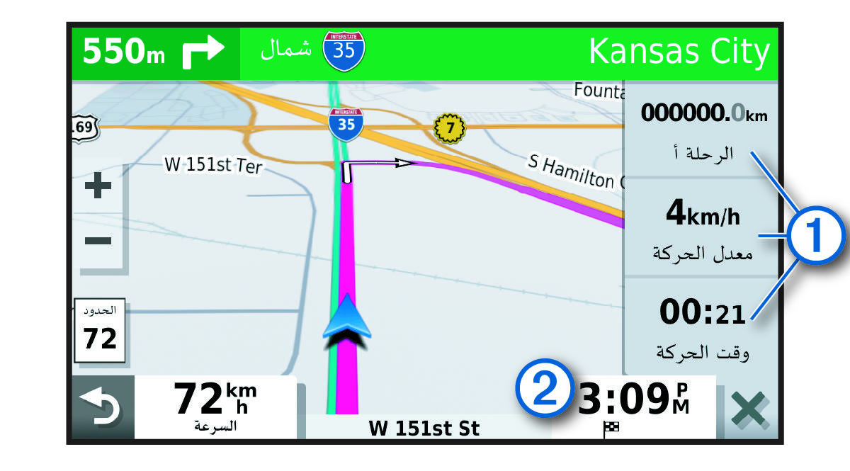حقول بيانات الرحلة على الخريطة مع وسائل شرح