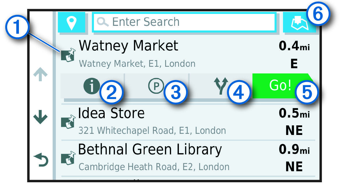 Search results list with callouts