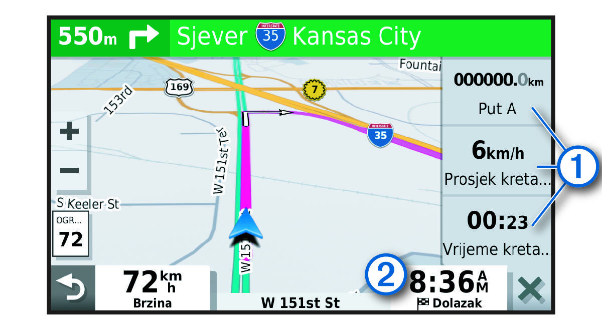 Polja s podacima o putu na karti s legendom