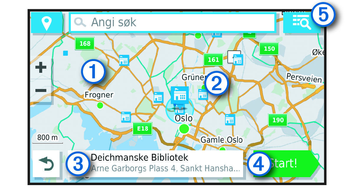 Kart med søkeresultater med merknader