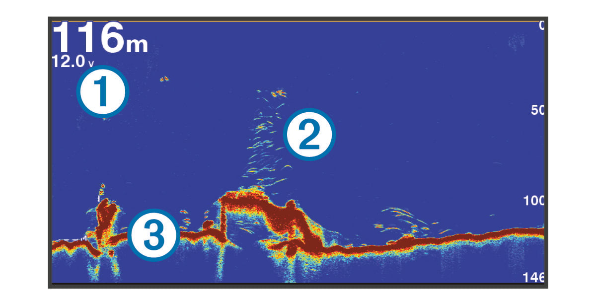 Zobrazení tradičního sonaru s popisky