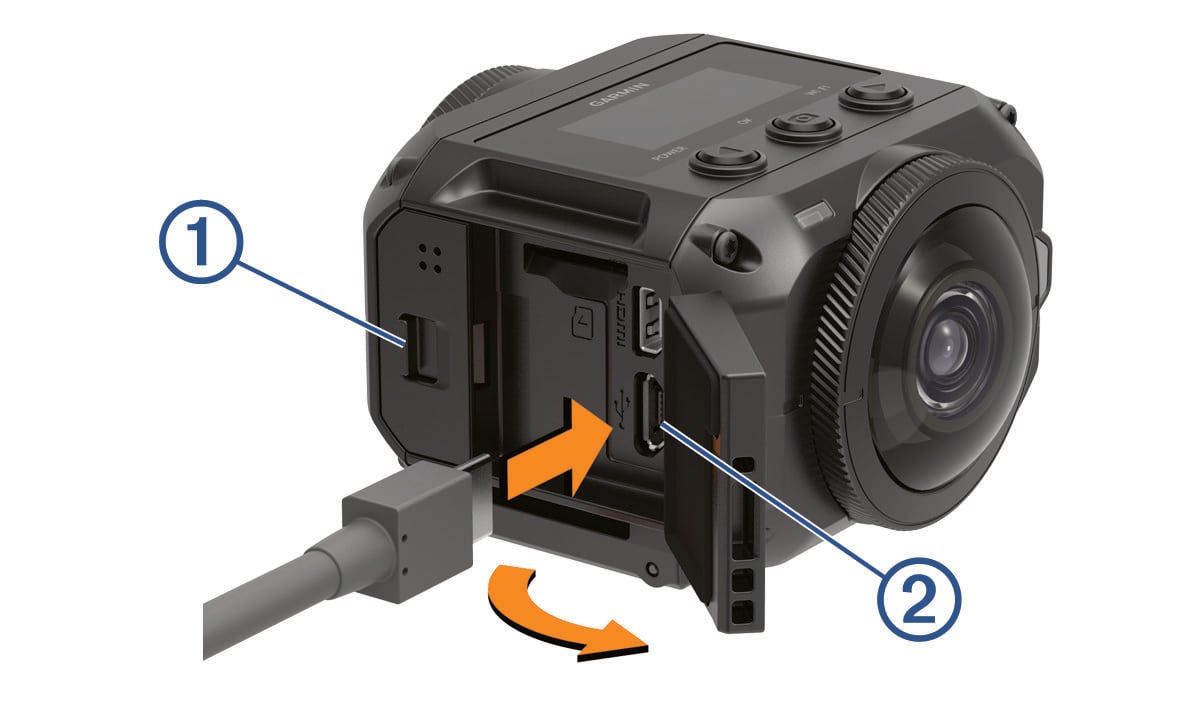 Micro-USB cable insertion into camera with arrows and callouts