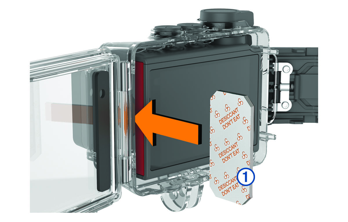 Desiccant pack being inserted between camera and case with callout