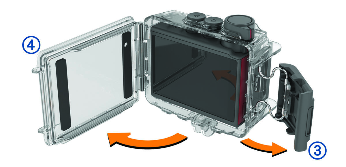 Back view of latch release and open camera case door with callouts
