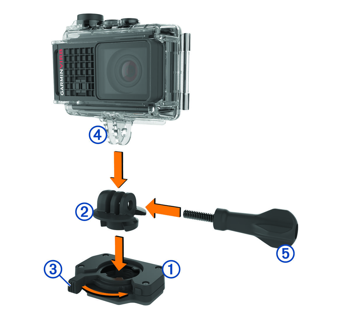 Adapter, camera mount, and thumbscrew being inserted onto mounting base with lever with callouts