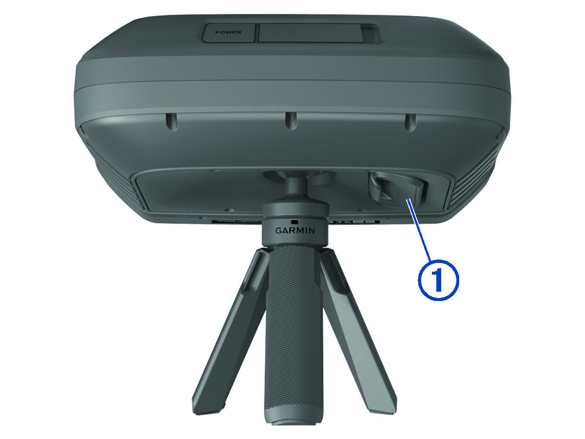 Location of tripod adjustment button on the bottom of the device with a callout