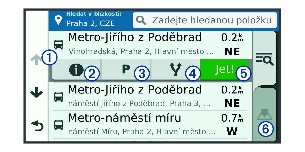 Výsledky vyhledávání polohy s popisky