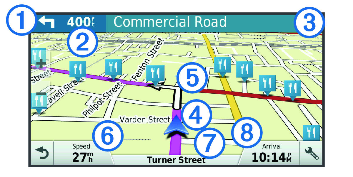 Active route on a navigation map with callouts
