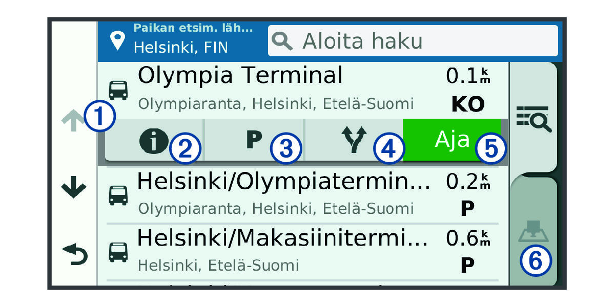 Sijaintihaun tulosluettelo ja numerot