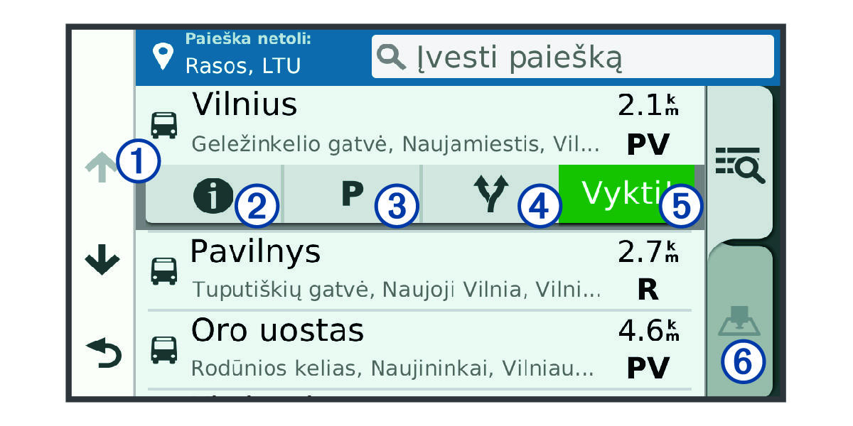 Vietos paieškos rezultatų sąrašas, su išnašomis