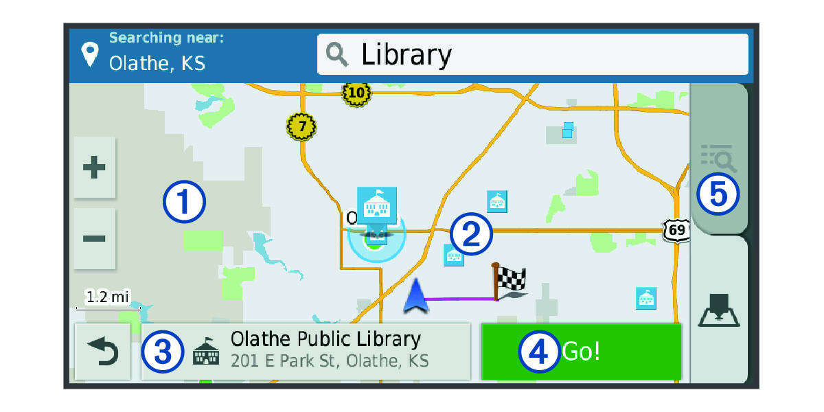 Resultados da pesquisa de local em um mapa com legenda