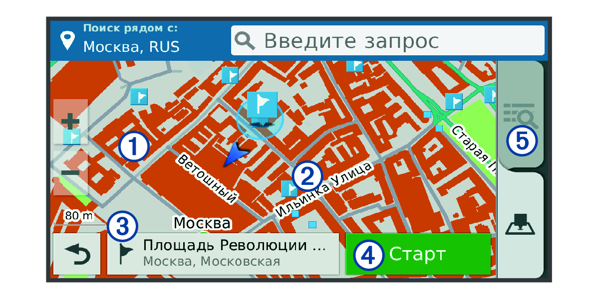 Результаты поиска местоположений на карте с обозначениями