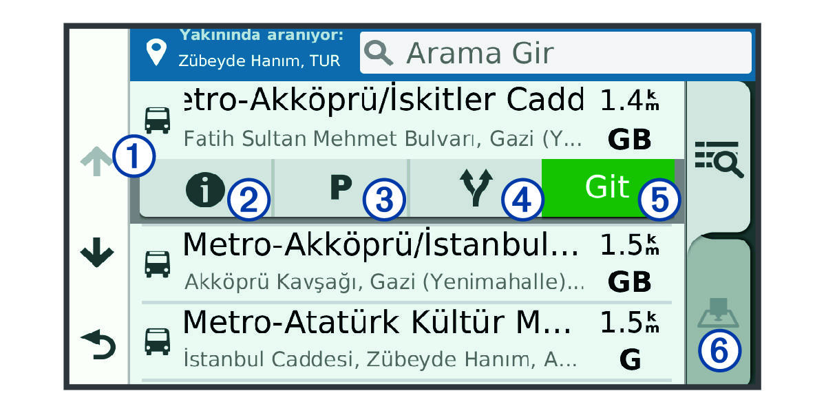 Açıklamalarla birlikte konum arama sonuçları listesi